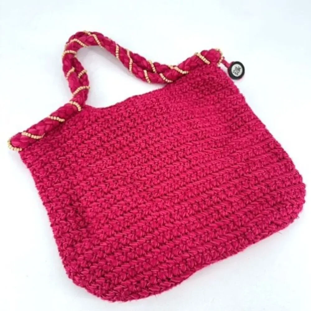 The Sak Women's Beaded Wrapped Handle knit Crochet Hobo Shoulder‎ Bag Pink Small